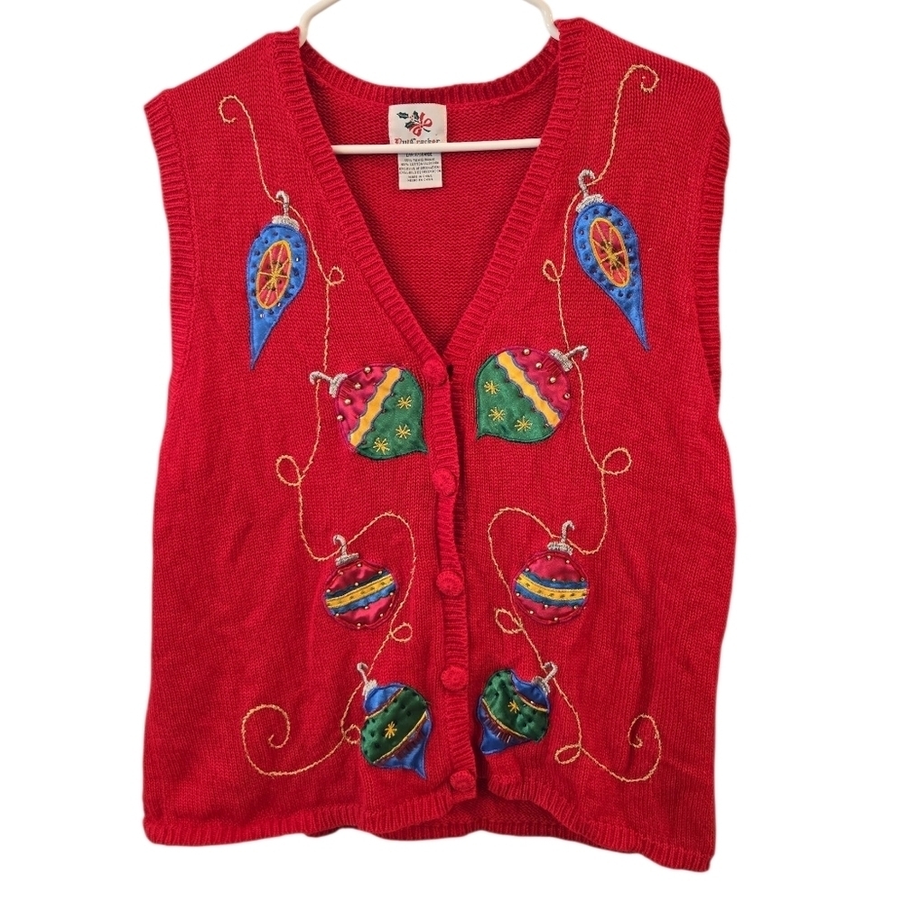 VTG. NUTCRACKER SLEEVELESS BUTTON-UP CHRISTMAS VEST. ORNAMENTS. SIZE LARGE.